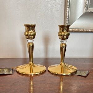 Gold Metal Candlestick Holders - Pair
